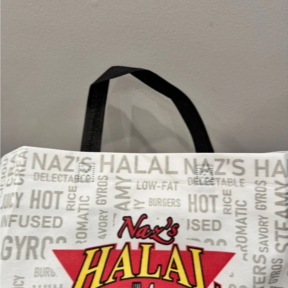 NWOT Naz's Halal Food Logo Reusable Tote Bag - White with Red & Yellow 14 x 10